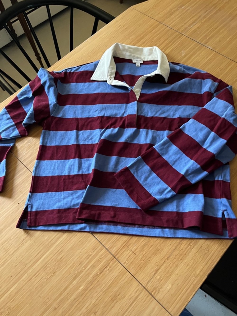 J. Crew Striped Rugby Shirt - Light Blue & Burgundy with White Collar